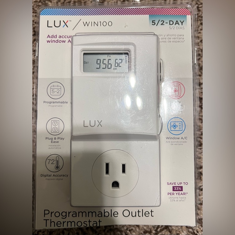 Lux WIN100 Automatic Heating & Cooling 5/2 Day Programmable Outlet Thermostat